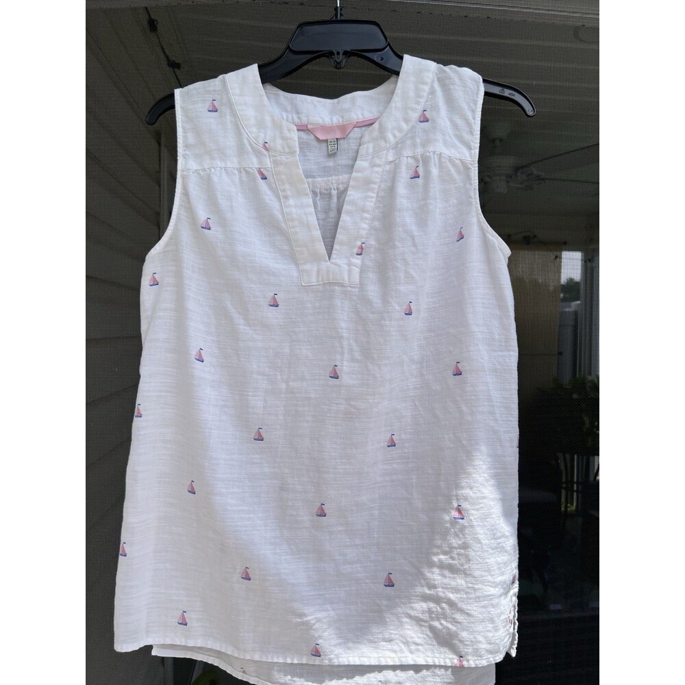 Joules Top Womens S (8) White Sleeveless Blouse Pink Blue Sailboats